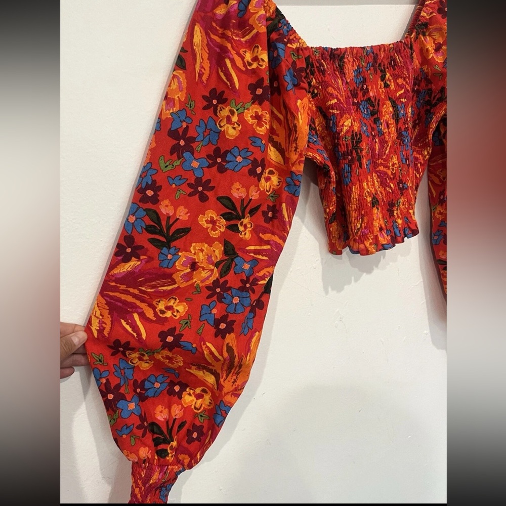 MAISON D'AMELIE Paris Boho Chic Linen Smocked Crop Top Orange Floral Medium - Picture 3 of 5